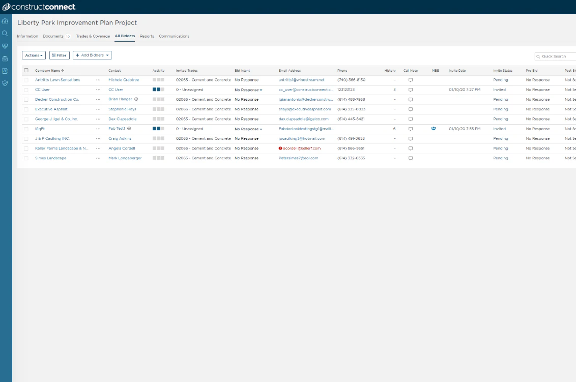 screenshot of ConstructConnect Bid Management